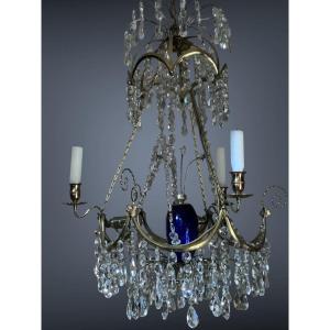 Chandelier Clear Crystal  And Blue Vase, Sweden, Late 19th Century 