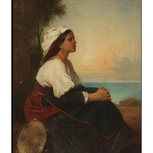 “italian Reverie” Young Girl In A Landscape, Oil On Canvas, Signed Carl Wahlbaum, 1843 