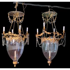 Pair Of Lanterns With Vine Leaves, Bronze And Crystal