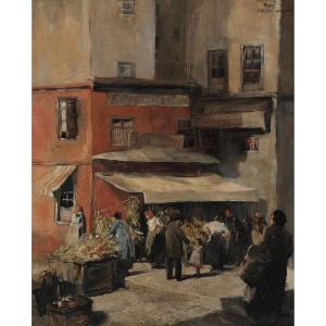 "market Day On Rue  Des Lombards »  Oil On Canvas, Signed Herman Moerkerk, Dutch School 