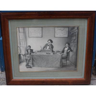 Drawing, A Father And His Sons Tucked In A Work Cabinet