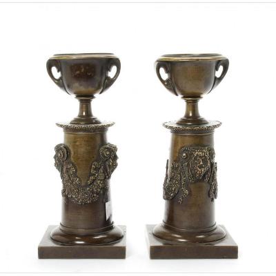 Pair Of Patinated Bronze Candlesticks