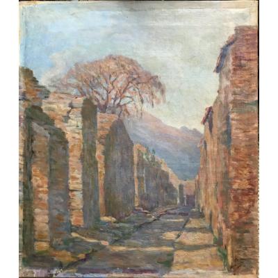 View From Pompeii: A Street With Vesuvius In The Background Oil On Canvas Signed By Petra Foss 1924