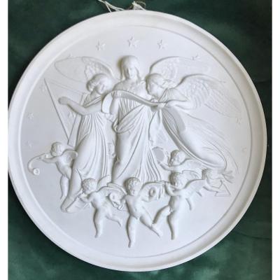 Large Biscuit Bas-relief “joy De Noel Au Ciel” After Thorvaldsen