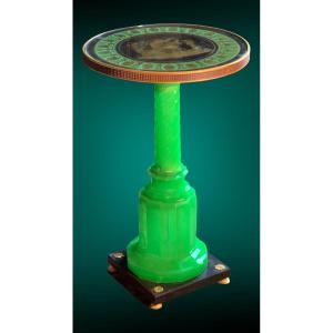Pedestal Table In Green Opaline And Eglomized Top. Bohemia 19th Century