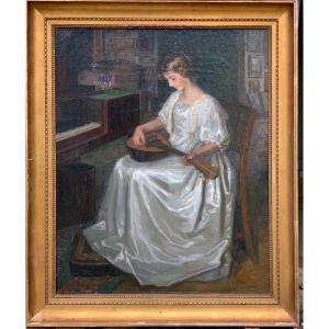 Young Mandolin Player In A Danish Interior. , Brita Barnekow, 1913, O/l 