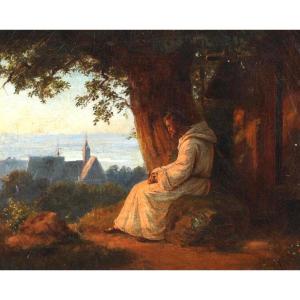 «  Contempation » Oil On Linen XIXcent. Monogram G 