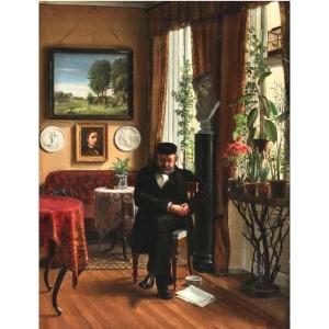 A Sleeping Collector In His Interior, Oil /linen  Unsigned, Circa 1900