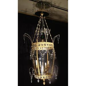 Large Lantern  With Green Crystals And Gilt Bronze In  Spirit Of Pavlovsk Palace 