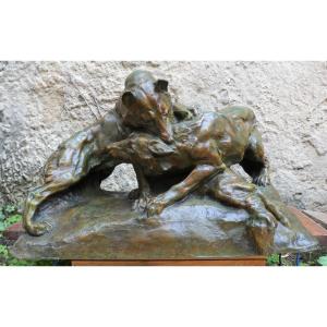 2 Wolves Arguing Over A Lamb By Angiolo Vannetti 1881-1962