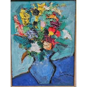 Bouquet In Blue Pitcher By Pierre Ambrogiani 1907-1985
