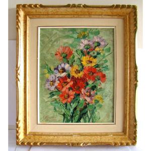 Signed G Morscio Oil On Panel Of A Bouquet Of Flowers And Greenery