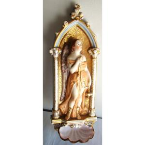 Holy Water Font, In Polychrome Porcelain, Late 19th Century, To Be Identified
