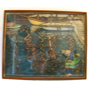 Signed E Consavela Gouache On Paper, Small Boats In The Harbor