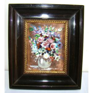 In Limoges Enamel, Signed Piotet, Bouquet Of Flowers