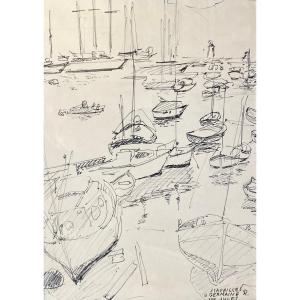 Jules Cavaillès Boats In Port Drawing