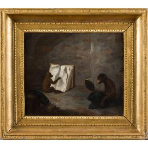 Charles Monginot, "singerie", Circa 1850, In A Beautiful Early 19th-century Gilt Frame