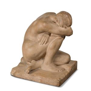 "grieving Woman", Constantin Dimitriadis, 20th-century Sculpture In Patinated Terracotta Plaster