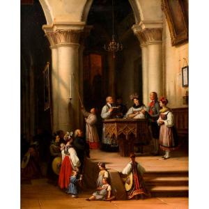 "a Baptism, Alsatian Costumes", Edouard Pingret (1788-1875), Oil On Canvas