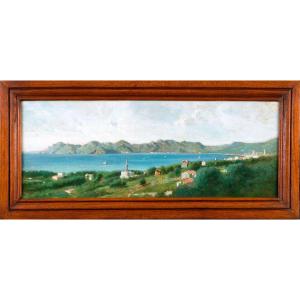 View Of The Bay Of Cannes, François Claudius Compte-calix (1813 - 1880), Oil On Cardboard, 1870