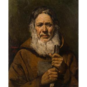 Portrait Of A Hermit, Auguste Bigand, Oil On Canvas Pasted On Panel, Dated 1839