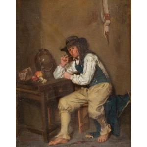 Breton Peasant Smoking A Pipe, Alexandre-marie Guillemin, Oil On Board, Circa 1850