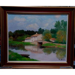 Painting "marais Poitevin" By Raymond Enard.