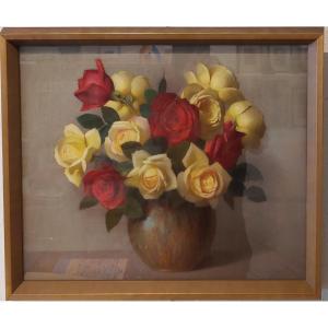 Robert Louis Duflos Bouquet Of Red And Yellow Roses Pastel