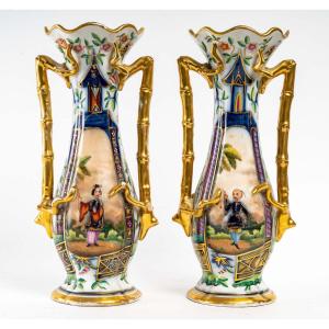 Chinese Polychrome Decor Pair Of Bayeux Porcelain Vases