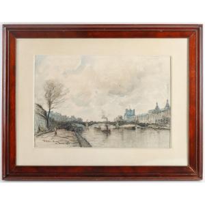 A Watercolor View Of Paris The Quays Of The Seine Signed Frank-boggs