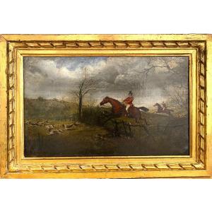 Pair Of Oils On Canvas Hare Hunting On Horseback In England 19th
