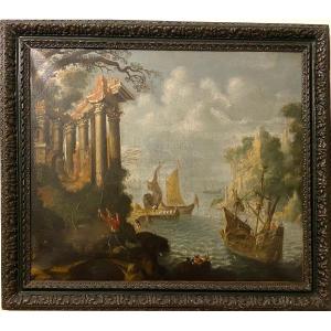 An Oil On Canvas Holland 17th Century Boats In A Bay With Ruins