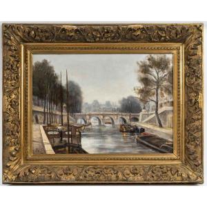 View Of The Seine In Paris Signed M. Pellerier