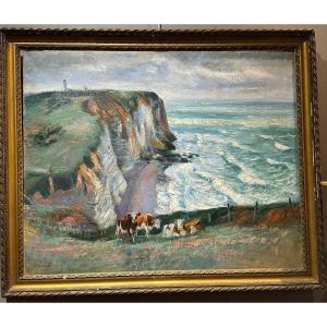 Cows On A Cliff In Normandy Oil Signed R.lecourt