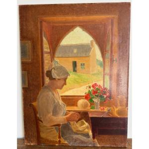 Breton Woman At Her Window Oil On Canvas