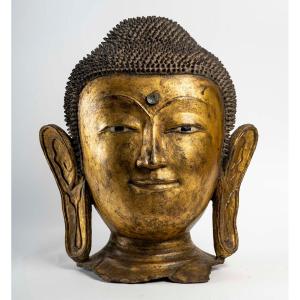 An Important Buddha Head In Gilded Dry Lacquer