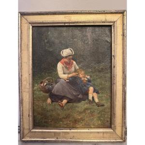 "mother And Daughter, Afternoon Tea" Oil On Canvas Signed L. Baader