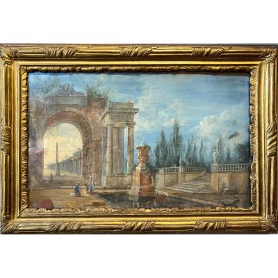 Characters In An Architectural Garden Gouache 18th Century