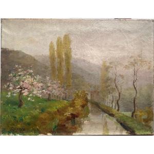 Oil On Canvas Landscape With The Canal Signed Brush
