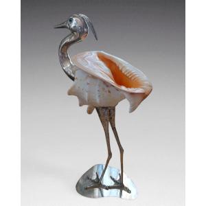 Gabriella Binazzi - Large Cornuta Shell Mounted On A Silver-plated Metal Heron