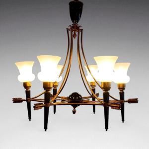 Neoclassical Brass Chandelier With Arrow Decoration (circa 1950)