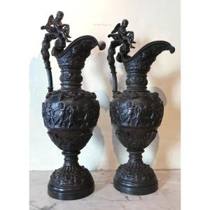 Pair Of Large Renaissance Style Bronze Ewers