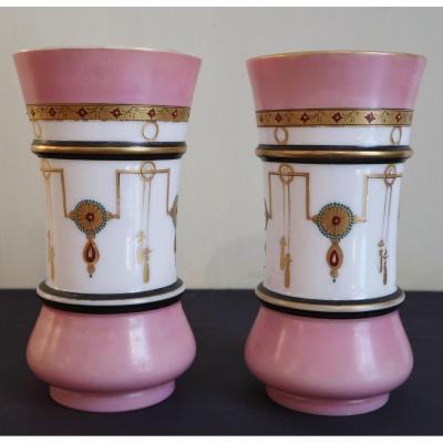 Pair Of Cylindrical Shaped Vases In Opaline