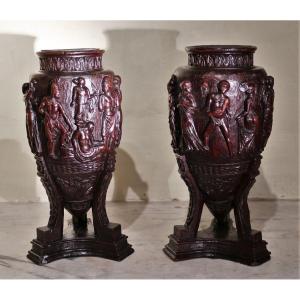 Pair Of Carved Walnut Vases