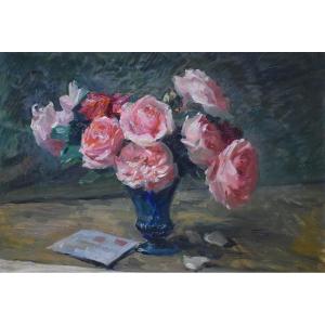 Jean Chaleyé (saint-étienne 1878 - Puy-en-velay 1960), Roses In A Blue Vase (circa 1920)