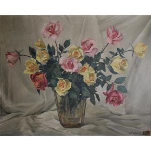 Gaston Ploquin (lyon, 1882-1970), Roses In A Glass Vase (circa 1935)
