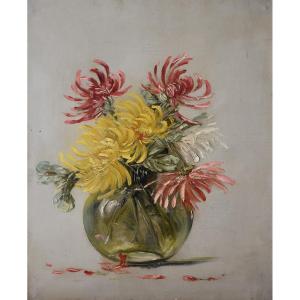 Charles Jung (lyon, 1856-1936), Chrysanthemums In A Glass Vase (circa 1900)