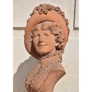 Victor Vermare (sarcey 1842 - Lyon 1890), Bust Of A Woman Wearing A Feathered Hat (1883)