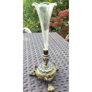 Soliflore Vase In Glass And Enamelled Bronze, Napoleon III Period