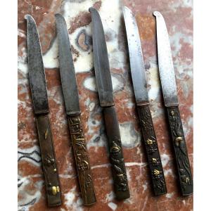 Japan XIXth Century. Kazuka Five Shibuichi Knives